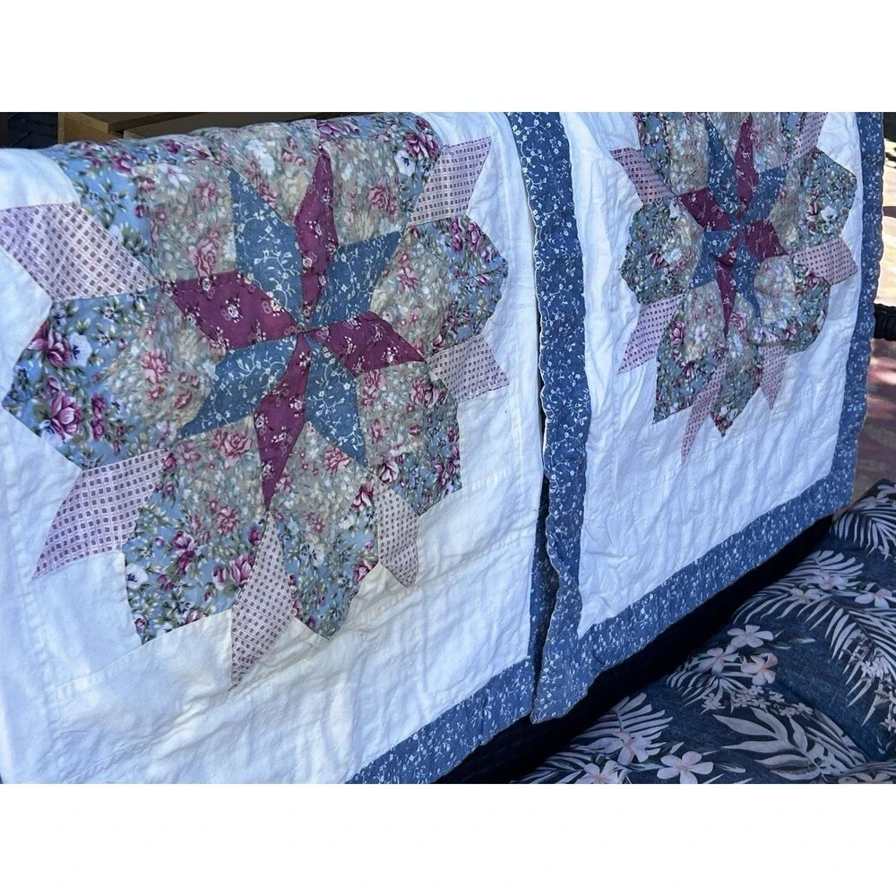 Vintage Cottage Floral Patchwork Quilted Pillow Shams Pair Blue Pink Zip Closure